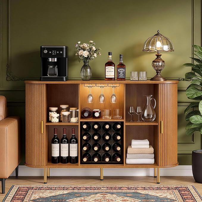 DHH 55" Wine Bar Cabinet with Storage, Fluted Liquor & Coffee Bar Cabinet with Wine Rack and Glass Holder, Buffet Sideboard with LED Lights for Home Kitchen Living Dining Room(Yellow Walnut)