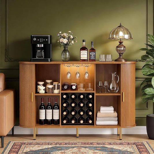DHH 55" Wine Bar Cabinet with Storage, Fluted Liquor & Coffee Bar Cabinet with Wine Rack and Glass Holder, Buffet Sideboard with LED Lights for Home Kitchen Living Dining Room(Yellow Walnut)