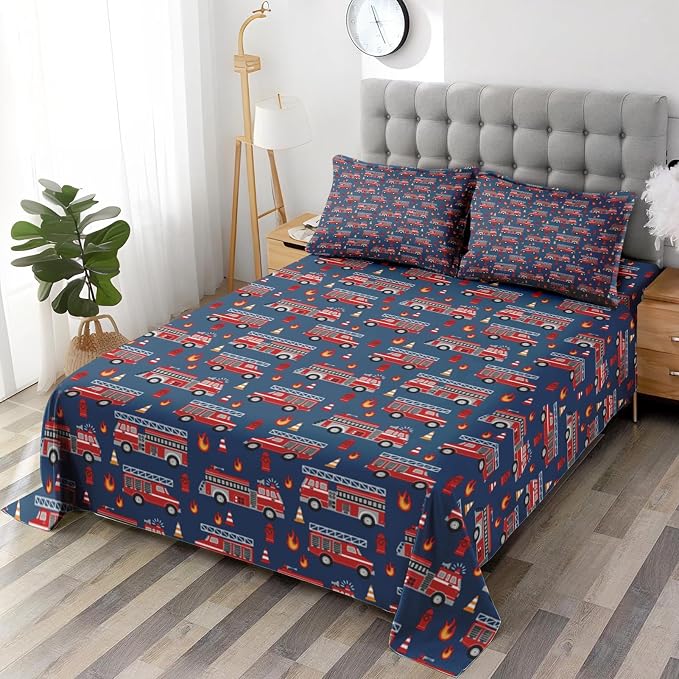 Pamnest Full Size Bed Sheet Sets, Fire Trucks Blue Soft Microfiber 4 Pcs Bedding Sets for Kids and Adults Bedroom Bed Decor, Red Car Vehicle Flat, Fitted Sheet and 2 Pillowcases