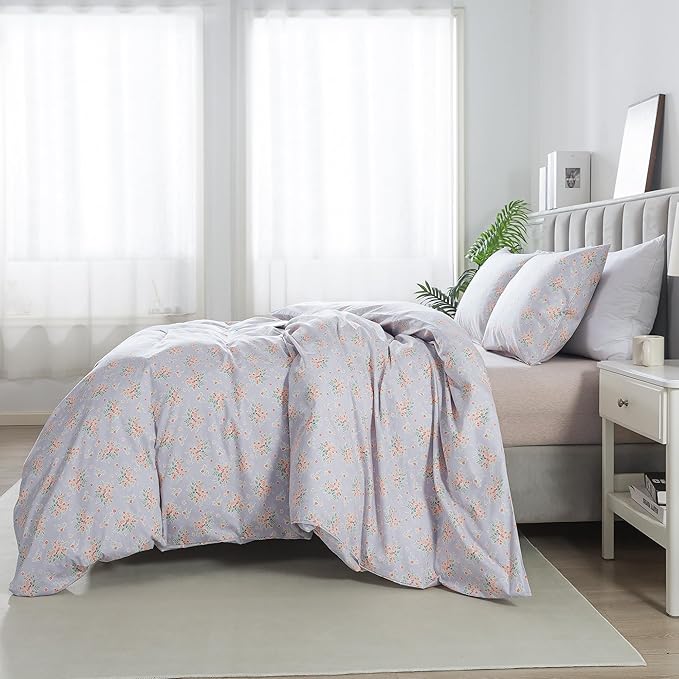 HoneiLife Wildflower Duvet Cover Queen - 100% Cotton Comforter Cover Sets, 3-PC Floral Duvet Cover Sets, Botanical Bedlinen Set with Zipper Closure & Corner Ties