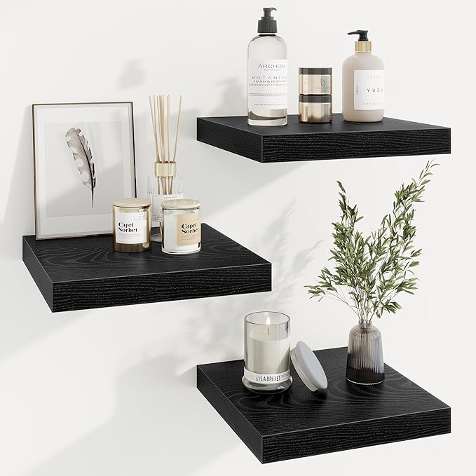 Square Floating Shelves for Wall, 11.5"W x 11.5"D x 1.25"H, 3 Pack Small Wall Mounted Engineered Wood Shelves with Invisible Brackets for Living Room, Bedroom, Bathroom, Kitchen Decor, Black