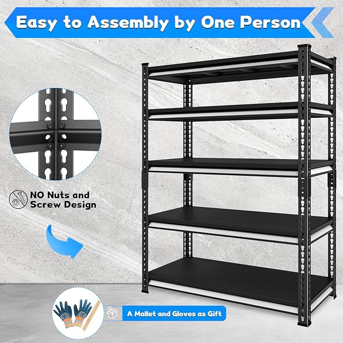40" W Garage Shelving Heavy Duty, 2250 Lbs Loads Garage Storage Shelves Heavy Duty, 5-Tier Metal Shelving Units and Storage for Basement, Retiple Tanks,40" Wx18 Dx72 H, Black