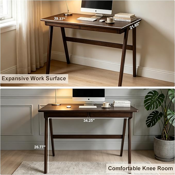 Solid Wood Desk with Drawers, Computer Desk for Home Office, Small Writing Desk for Bedroom & Small Spaces, Sturdy A-Frame, Easy Assembly (Walnut Color, 39inch)