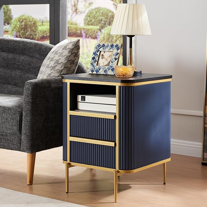 OKD Modern Chic Fluted Nightstand Set of 2 Luxury with Charging Station, End Table/Bed Side Table w/2 Drawers, Faux Marble Tabletop, Gold Metal Decor, Curved Edge Design, Navy Blue