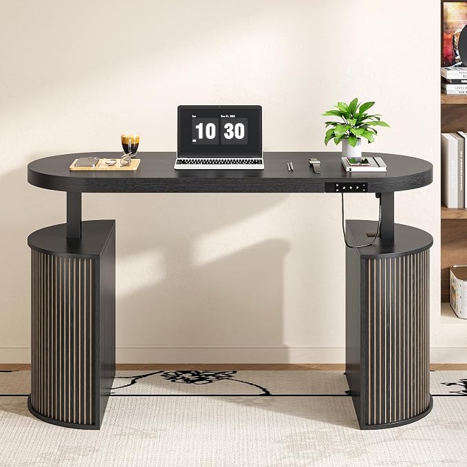 Mid Century Modern Electric Standing Desk with Storage, 55 x 22 Inch Small Sit Stand Up Desk, Wood Adjustable Height Computer Executive Desk for Home Office, Laptop, Black