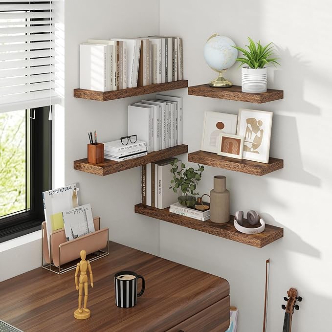 48 Inch Floating Shelves, 8 Inch Deep Floating Shelves for Wall, Hanging Shelf with Invisible Brackets, Deep Shelves for Bathroom, Bedroom, Living Room, Brown, Set of 2