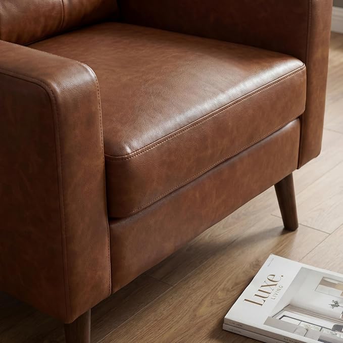 HNY Mid Century Modern Armchair, Button Tufted Faux Leather Accent Chair with Armrests, Upholstered Club Chair for Living Room, Bedroom & Office, Caramel Brown