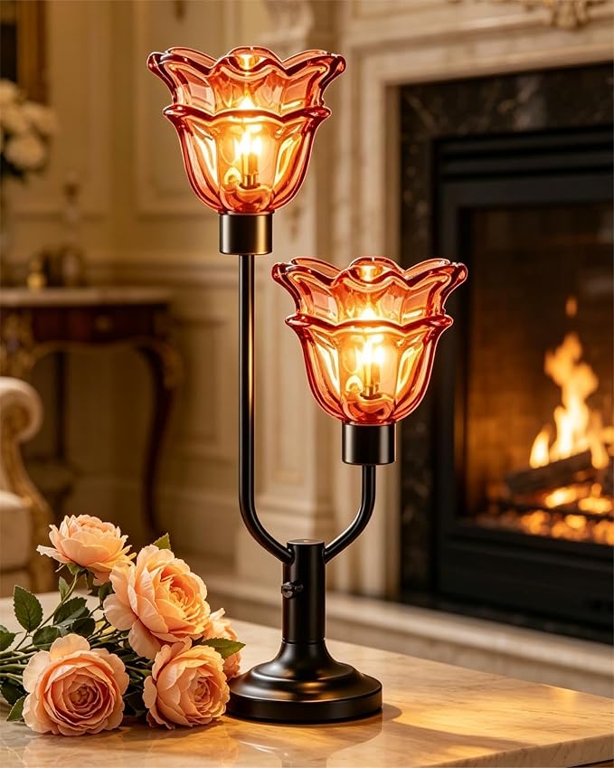 Lightdot Mid Century Modern Flower Table Lamp Dimmable Nightstand Lamp Red Glass Vintage Black Desk Lamp 2 Bulbs Included Warmwhite Ambient Bedside Lamps for Living Room Bedroom Home Office Decor Gift