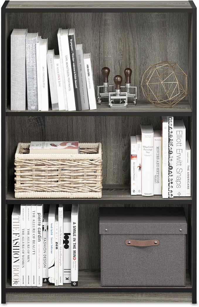 Furinno Jaya Book Shelf, 3-Tier Bookshelf, Standing Bookcase with Adjustable Shelves, 9.5 x 24.5 x 40.3, for Organization and Storage, for Living Room, Bedroom, Home Office, Grey Oak