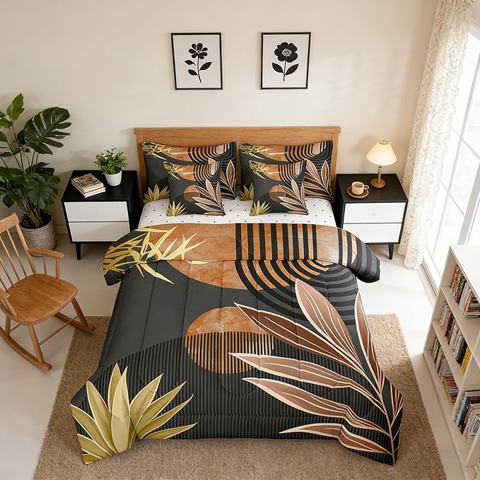 Erosebridal 7 Piece Boho Mid Century Bedding Sets King Modern Minimalist Simplistic Comforter Set,Retro Geometric Aesthetic Bed in a Bag Line Art Sheet Set with Comforter,Brown Black