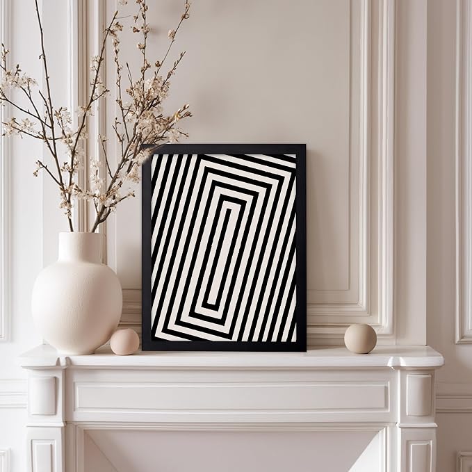 Poster Master Rectangle Tunnel Poster - Angular Swirl Print - Geometric Design - Abstract Design - Japanese Ink Art - Mid Century Modern Illustration - Living Room Decor - 8x10 Black Framed