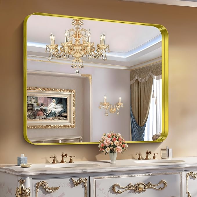 CIRCUMI Gold Bathroom Mirror, 40"x48" Rectangular Mirror with Deep Metal Frame, Rounded Corner, Tempered Glass, Large Mirror for Wall, Over 2 Sinks, Installed Vertically/Horizontally, Crystal-Clear