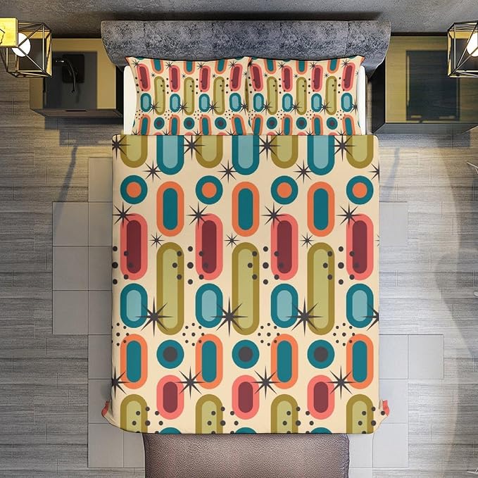 Colorful Aesthetic Comforter Cover Geometry Bed Set, Retro Atomic Duvet Cover，Modern Mid Century Bedding Sets，Aesthetic Abstract Art Bedding 3 Piece (1 Duvet Cover 102"x90" + 2 Pillow Sham 20"x30")