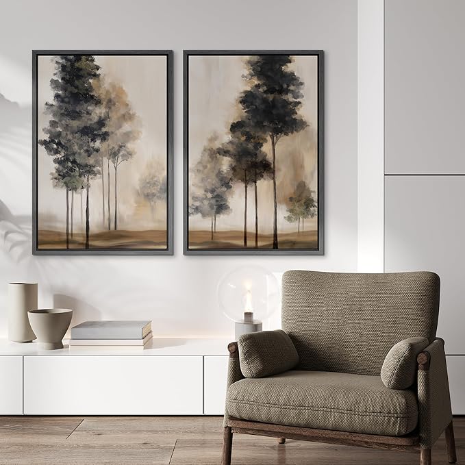 IDEA4WALL Framed Canvas Print Wall Art Set Misty Forest Tree Landscape Neutral Brown and Black Illustrations Modern Art Decorative Calm/Zen for Living Room, Bedroom, Office - 24"x36"x2 Black