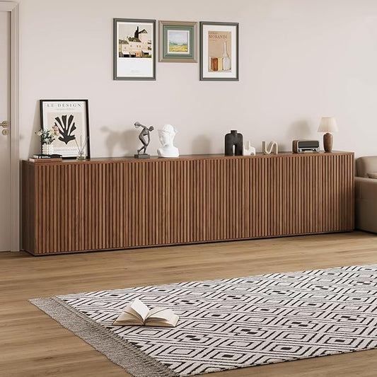Rophefx Fluted Sideboard Cabinet, 126" Buffet Cabinet with Storage, Credenza Storage Cabinets with Adjustable Shelf, Wood Entryway Cabinets with Pop-up Doors for Living Room, Entryway, Hallway, Walnut