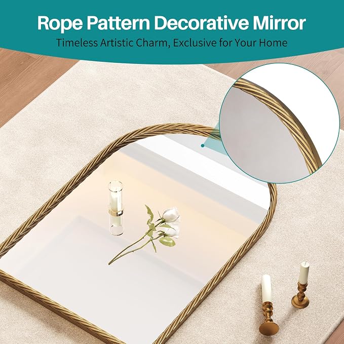 Large Vintage Arched Wall Mirror - 24"X36" Retro Gold Rope-Like Metal Framed Mounted Mirror for Wall Decor, Vanity Mirrors for Bathroom, Living Room, Bedroom, Fireplace
