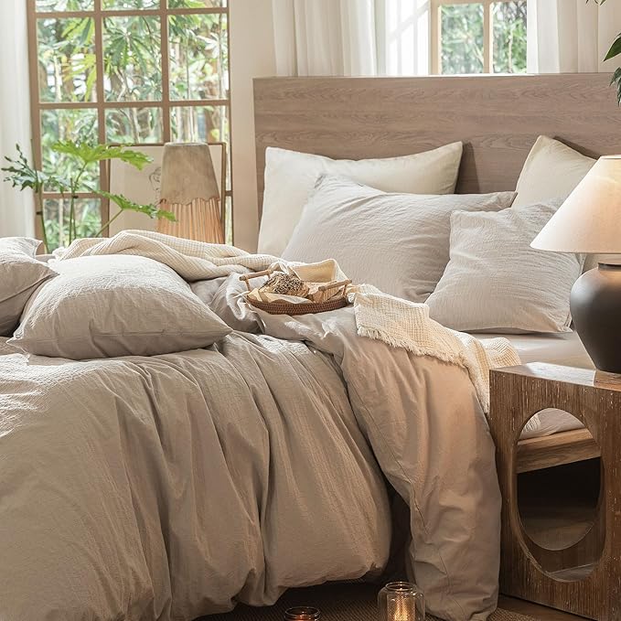 MooMee Wavy Striped Duvet Cover Set 100% Washed Cotton Linen Like Textured Breathable Durable Soft Comfy (Beige, King 104"x90")