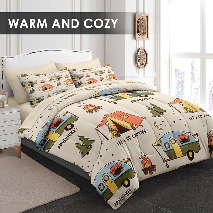 Pamnest Comforter Set Full Size, Summer Camp RV 7 Pcs Bedding for Kids and Adults, Camping Adventure Bed Sheet Sets with Fitted Sheet 2 Pillowcases & 2 Shams for Bedroom Bed Decor