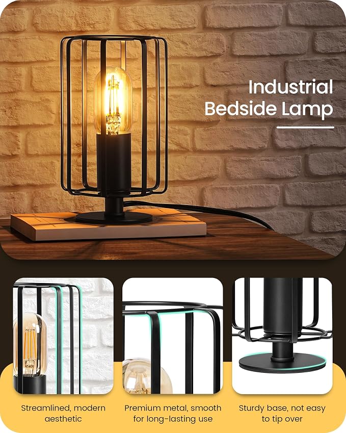 Industrial Table Lamp Set of 2, Small Bedside Lamp with Dimmable 2400K Warm Light LED Bulb, Vintage Desk Lamp, Rustic Nightstand Lamp for Bedroom, Study, Office, Small Space, Black B05TLP205