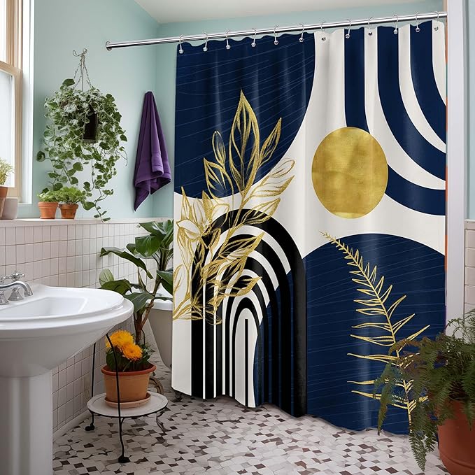 Mid Century Modern Navy Blue Shower Curtain Boho Dark Blue and Gold Leaves Shower Curtains for Mens Bathroom Decor Sets, Waterproof Cloth Fabric with Hooks, 70x84in