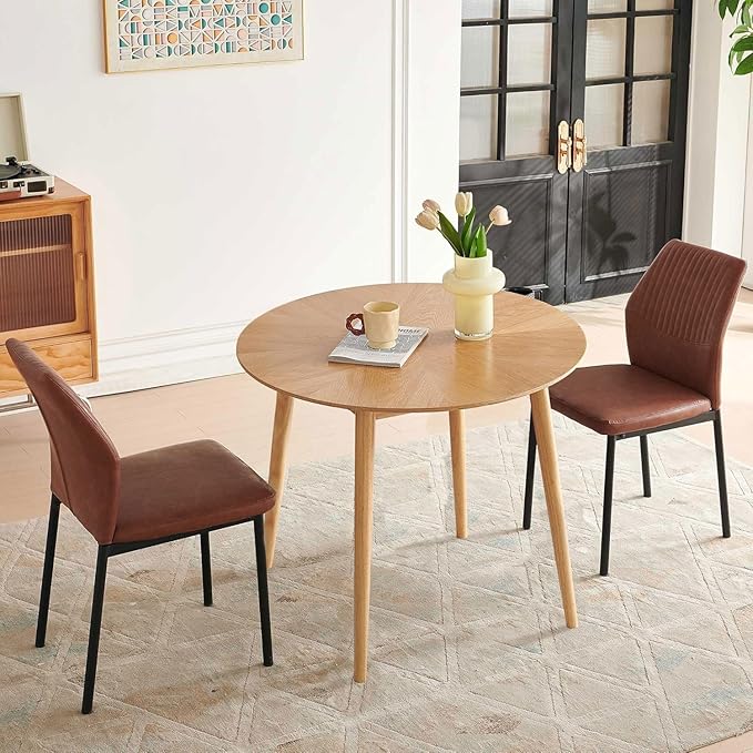 3-Piece Dining Table Set, Round Breakfast Dinner Table with Solid Wood Veneer Tabletop, Compact Table & Chairs, Brown