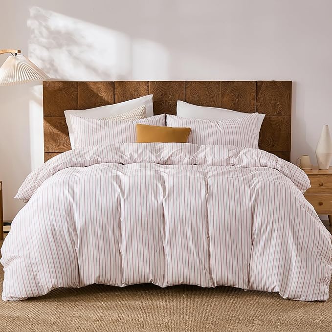 Merryword 100% Cotton Duvet Cover Set King Size - White & Pink Stripes Duvet Cover with Pillowcases, Soft Breathable Bedding Set Modern Minimalist Pinstripe Comforter Cover for All Seasons