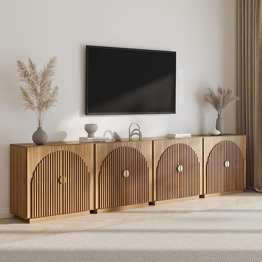 BELLEZE Set of 4 Modular Fluted Sideboard Buffet Cabinet with Storage, Mid-Century Modern Console Table with Symmetrical Arched Doors, Credenza for Dining Room, Kitchen and Living Room, Caramel Brown