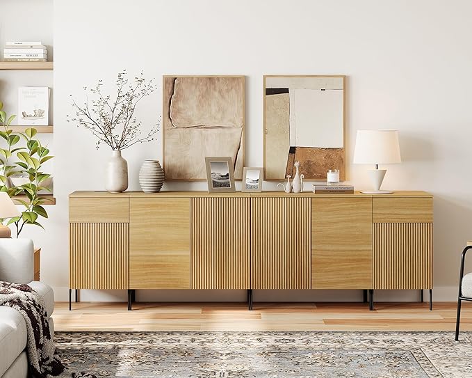 WAMPAT 94.5" Buffet Sideboard Cabinet with 2 Drawers & 6 Doors,4-in-1 Fluted Storage Credenza with Charging Station,Modern Buffet Table Coffee Bar Wine Bar Cabinet for Dining Room, Living Room,Oak