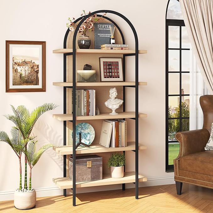 Yusong Bookshelf Rattan 5 Tier Arched Bookcase, 74" Tall Industrial Open Book Shelves for Living Room, Modern Freestanding Display Shelving Boho Storage Rack with Metal Frame for Office, Brown