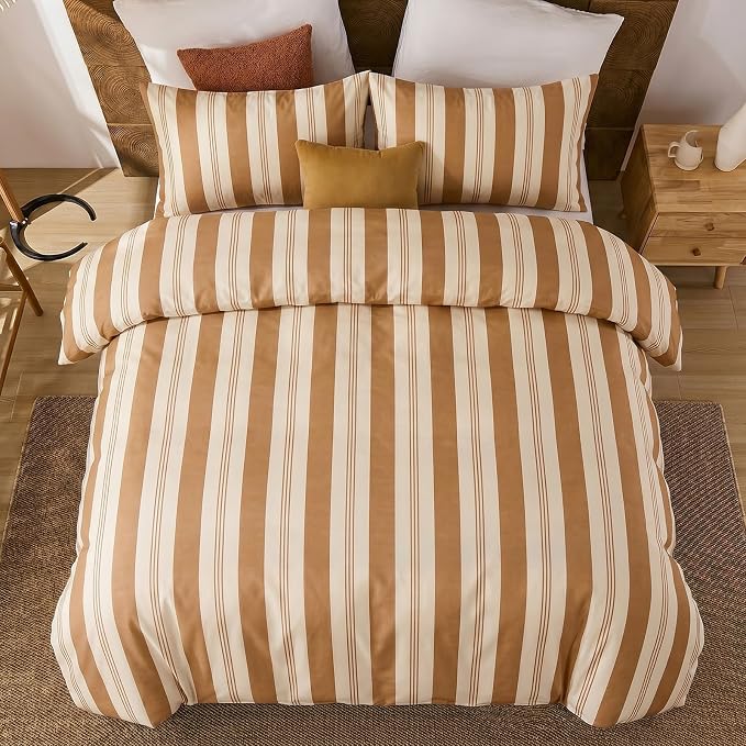 Merryword Khaki Striped Duvet Cover Set Queen Size, 100% Cotton Bedding Set with Zipper Closure & 8 Corner Ties, Awning Stripe Bedding, Soft Breathable Comforter Cover for All Seasons