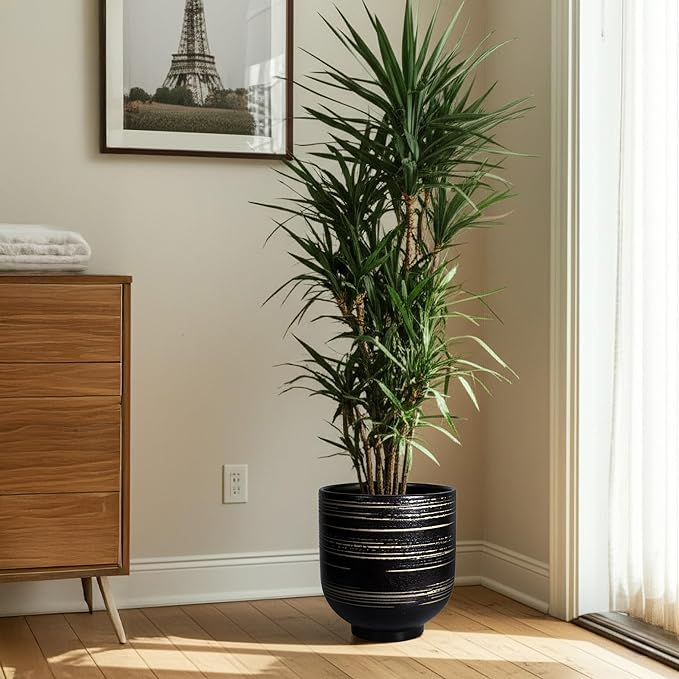 Large Black Ceramic Planter for Indoor Trees, Modern Indoor Floor Planter Pot for Olive Trees & Faux Olive Trees, Pottery Planter with Drainage for Real Plants