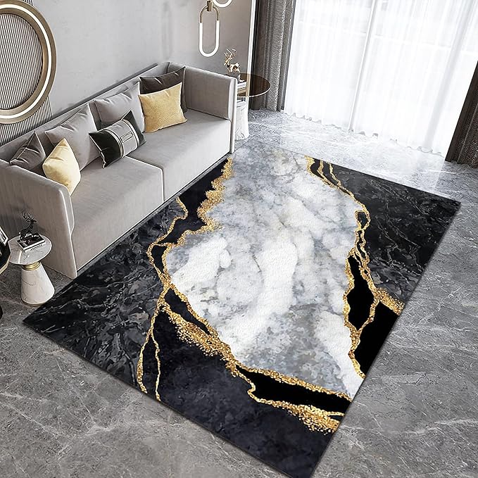 Nordic Luxury Black Gold White Geometry Art Area Rug, Abstract Marble Indoor Rug, Soft Foldable Non Slip Breathable Foldable Carpets for Living Room Bedroom Entryway Hotel Office 4x6ft