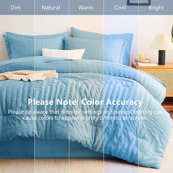 CozyLux Queen Comforter Set Sky Blue, 7 Pieces Seersucker Textured Luxury Bed in a Bag Queen, All Seasons Soft Bedding Sets with Down Alternative Comforter, Sheets, Pillowcases & Shams, Home Gift