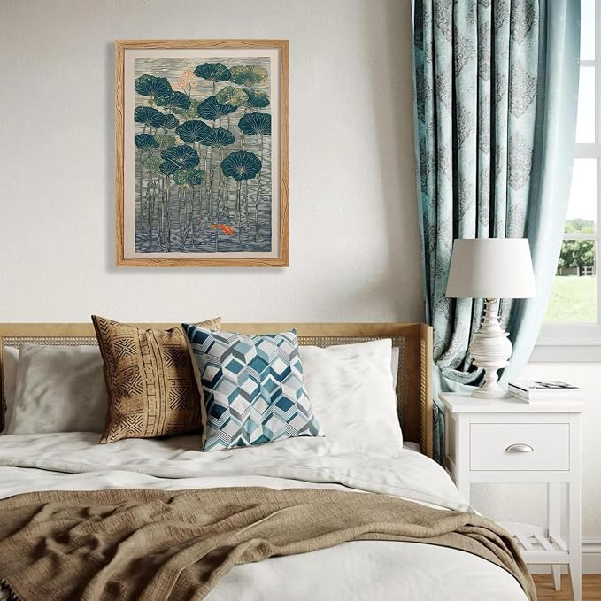Framed Lotus And Koi Canvas Poster Japanese Floral Botanical Pond Wall Art Retro Oriental Asian Prints Decor for Bedroom Zen Meditation Room Home 16x20 inch