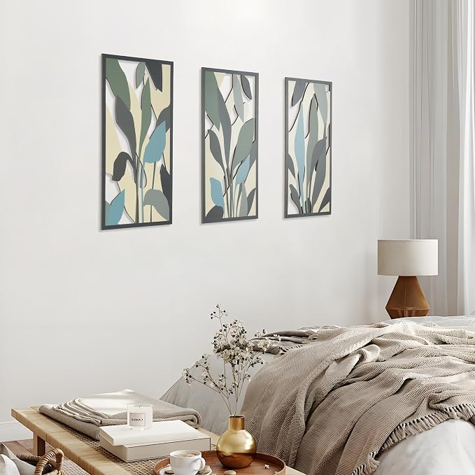 Boho Wall Art Decor for Living Room, 3D Textured Botanical Tropical Leaf Wood Framed Artwork, Mid Century Modern Farmhouse Wall Decor for Bedroom Office (Tropical Plant Theme - 15.7 x 7.87 inch)