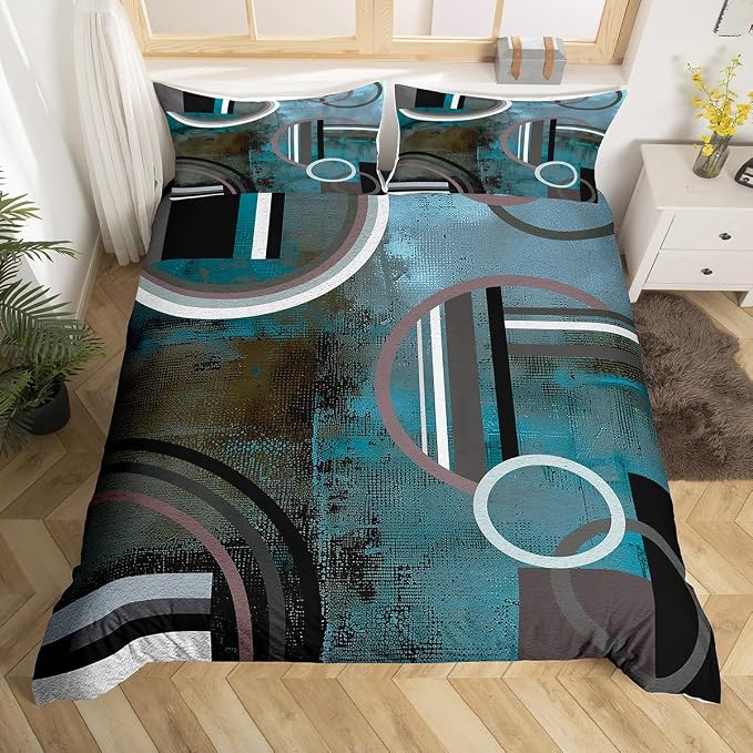 Erosebridal Blue and Brown Grey Duvet Cover Twin Size,Oil Painting Style Bedding Set for Teens Adult,Modern Geometric Circles Duvet Cover Set,Abstract Aesthetic Bed Cover Bedroom Decor 2Pcs