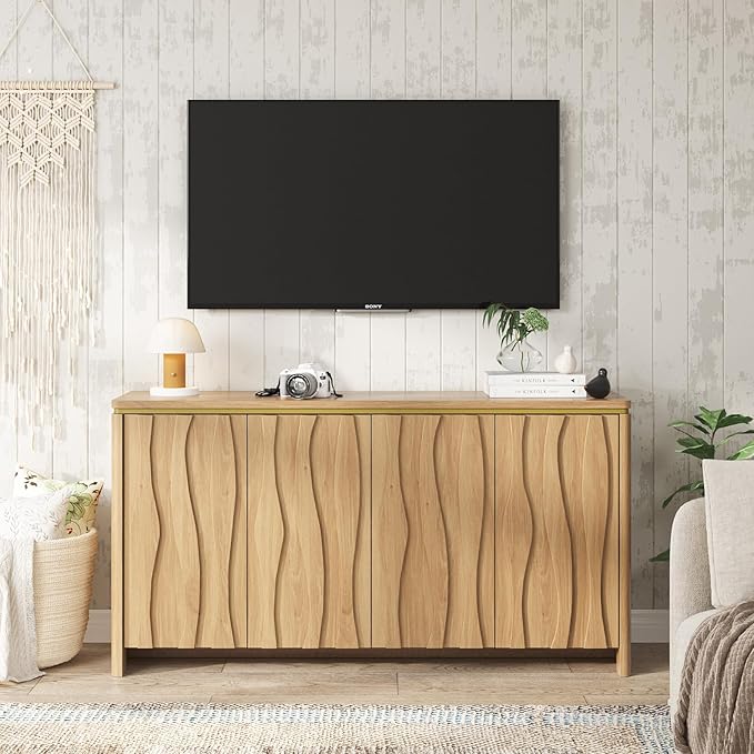 Vabches Fluted Buffet Cabinet with Storage, 3D Ripple Pattern Doors and Curved Edges, Modern Sideboard for Kitchen, Entryway, 4 Doors & Adjustable Shelf, Natural Wood, 57.9" W