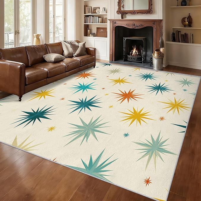 Mid Century Modern Rugs for Living Room Decor, 3x5 ft, Retro Starburst Atomic Area Rugs for Bedroom, Soft Non Slip Washable Geometric Sunburst Carpet Home Decorations D-g48