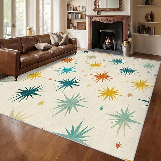 Mid Century Modern Rugs for Living Room Decor, 5x6 ft, Retro Starburst Atomic Area Rugs for Bedroom, Soft Non Slip Washable Geometric Sunburst Carpet Home Decorations D-g48
