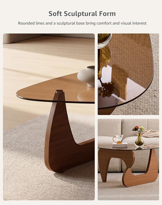 Smoked Glass Coffee Table for Living Room, 43.3" Triangle Coffee Table with MDF Wood Base, Mid Century Modern Center Table for Apartment, Sofa, Lounge, Reception, Walnut Brown