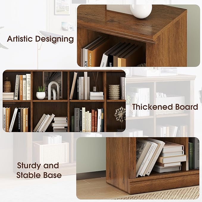 Bevfint 8 Cube Storage Organizer Bookcase - 2 Tiers 8 Storage Cube Adjustable Space Book Case, Display Cabinet Organizer, 54.7 inch Width Horizontal Bookshelf for Home Library Office, Vintage Oak