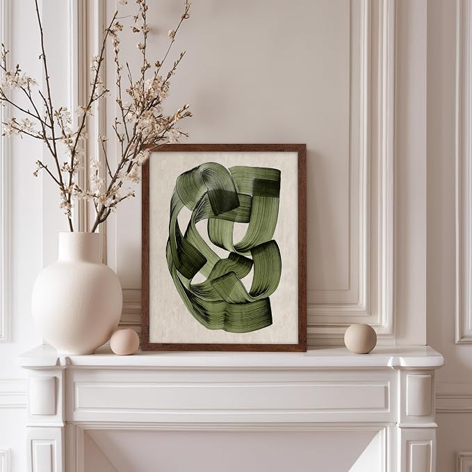 Poster Master Green Abstraction Poster - Brush Strokes Print - Painted Swirl Art - Chic Boho Design - Abstract Illustration - Great Office or Living Room Decor - 11x14 Brown Framed
