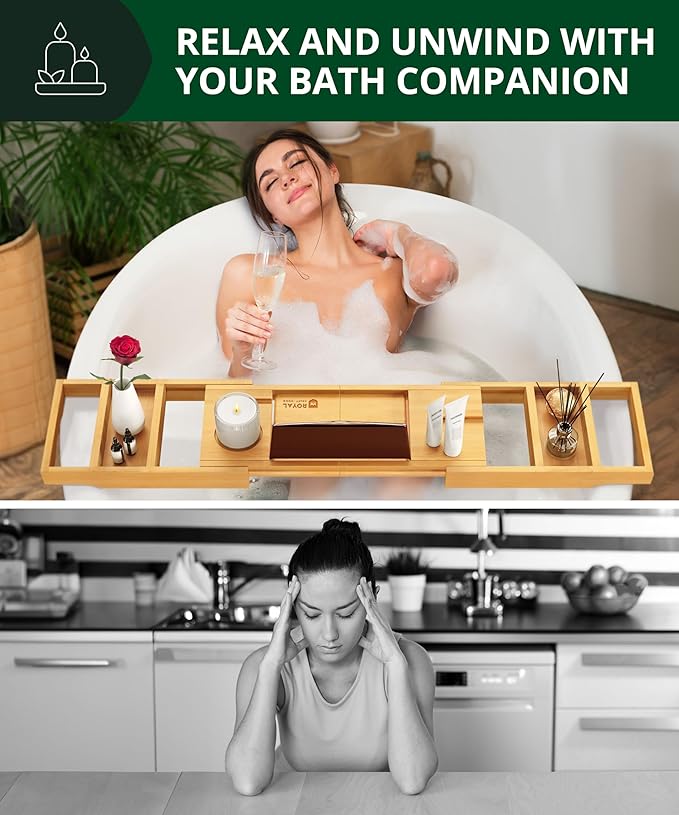 ROYAL CRAFT WOOD Bathtub Tray Caddy for Tub, Bamboo Bath Shelf, Premium Foldable Wood Bath Table, Expandable Bathtub & Bathroom Accessories, New Home Gifts for Mom, Housewarming, Anniversary, Wedding
