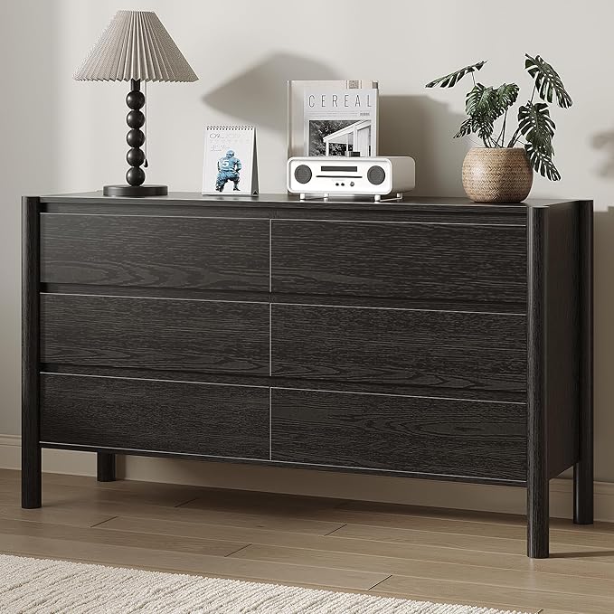 Dresser for Bedroom,6-Drawers,47" Wide Farmhouse Large Dressers & Chest,4 Solid Wood Legs,TV Stand, Storage Organizer Furniture for Bedroom(Black)