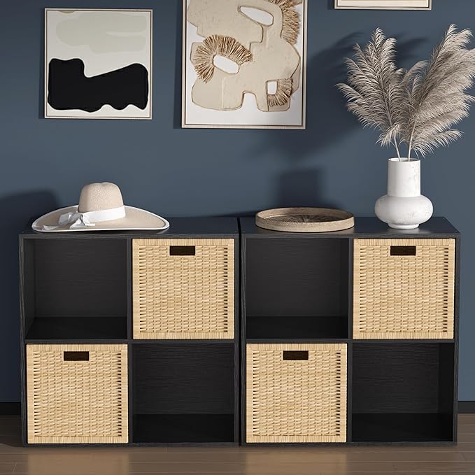 Wooden 4 Cube Storage Organizer with Closed Back Panel,White Cube Shelf Cubby Storage Organizers with Compartments for Living,Bookshelf,Organizers Easy to Install (Black, 4 Cube)