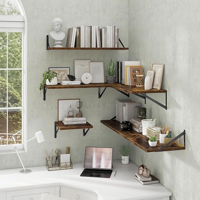 Deep Floating Shelves Wall Mounted, 24"x12" Brown Wood Shelves with Brackets Set of 2 for Bedroom, Living Room, Bathroom, Kitchen, Office - Storage & Display Shelf for Decor, Books, Plants