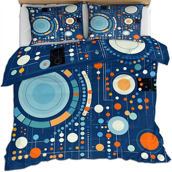 Blue Geometry Duvet Cover Full Size, Ultra Soft Microfiber Bedding Set 3 Piece Bedroom Decor Modern Abstract Comforter Cover and 2 Pillow Sham with Zipper Closure