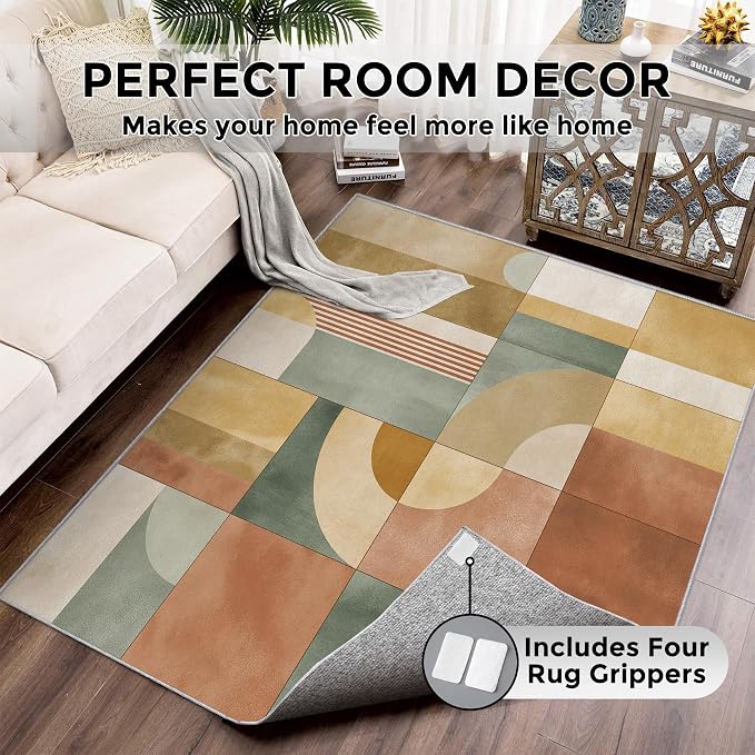 8x10 Mid Century Modern Rugs for Bedroom Decor, Washable Abstract Geometric Pattern Area Rug, Living Room Home Decoration, Non Slip Soft Thin, Mid Century Decor Large Carpet PF-P 117