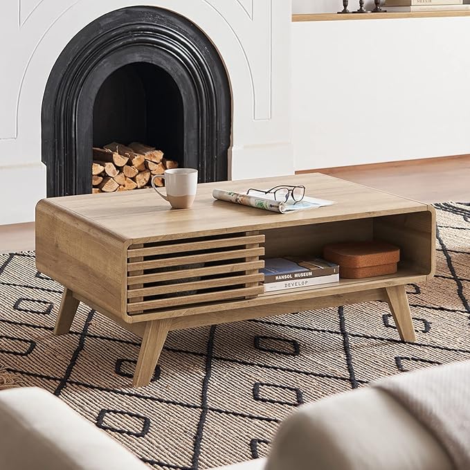 mopio Ensley Coffee Table with Storage, Mid Century Modern, Farmhouse Wood Coffee Table for Living Room Fluted (Oak)