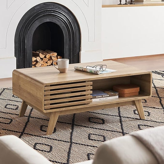 mopio Ensley Coffee Table with Storage, Mid Century Modern, Farmhouse Wood Coffee Table for Living Room Fluted (Oak)